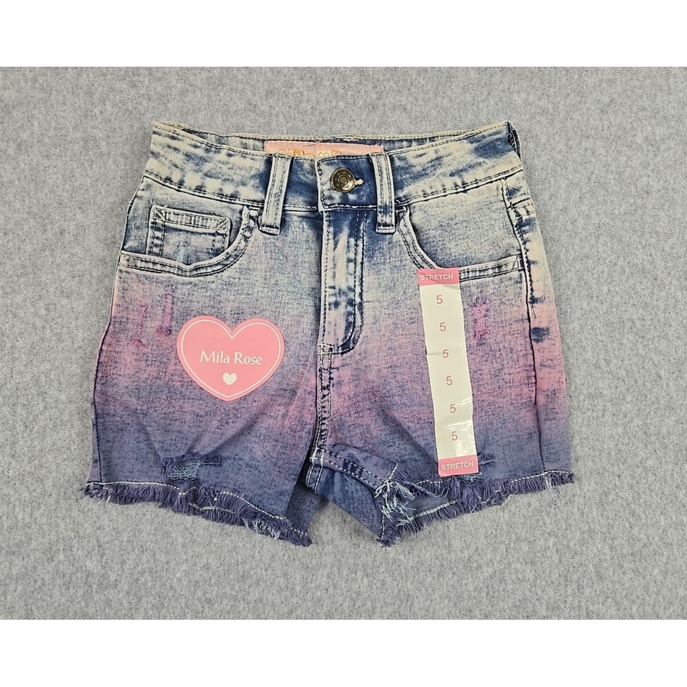 Mila Rose Jean Shorts Girls Size 5 Stretch Blue Pink Wash Distressed Cut Off NWT